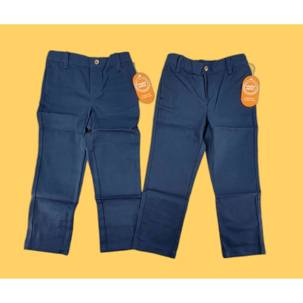 2 Wonder Nation Pants Boys 4T Toddler Navy Blue Flat Front School Uniform Bundle